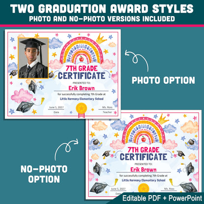 7th Grade Completion Certificate, Seventh Grade Graduation Moving Up Awards, Editable Rainbow Star Theme, Photo and No Photo, PDF and PowerPoint