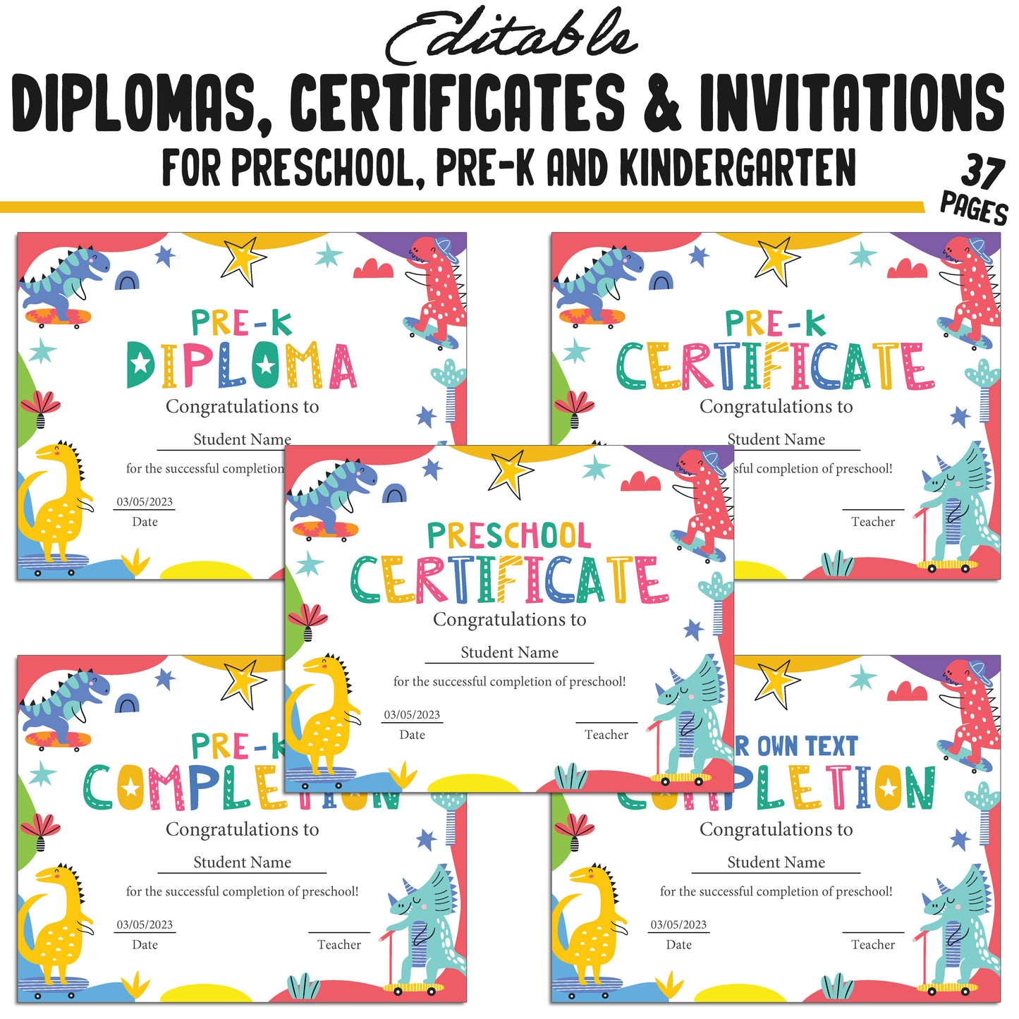 37 Editable Kindergarten, Pre-K, and Preschool Completion Certificate Diplomas, and Invitations Templates, PDF Files, Instant Download