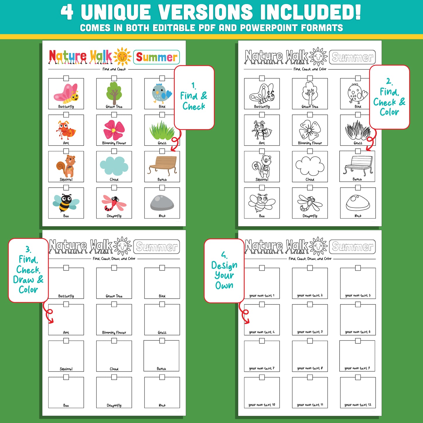 Editable Summer Nature Walk Scavenger Hunt – 4 Styles, PDF + PPT Included, Outdoor Printable for Kids, 8 Pages, Instant Download