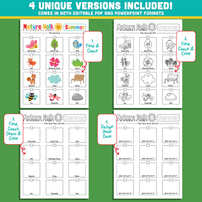 Editable Summer Nature Walk Scavenger Hunt – 4 Styles, PDF + PPT Included, Outdoor Printable for Kids, 8 Pages, Instant Download
