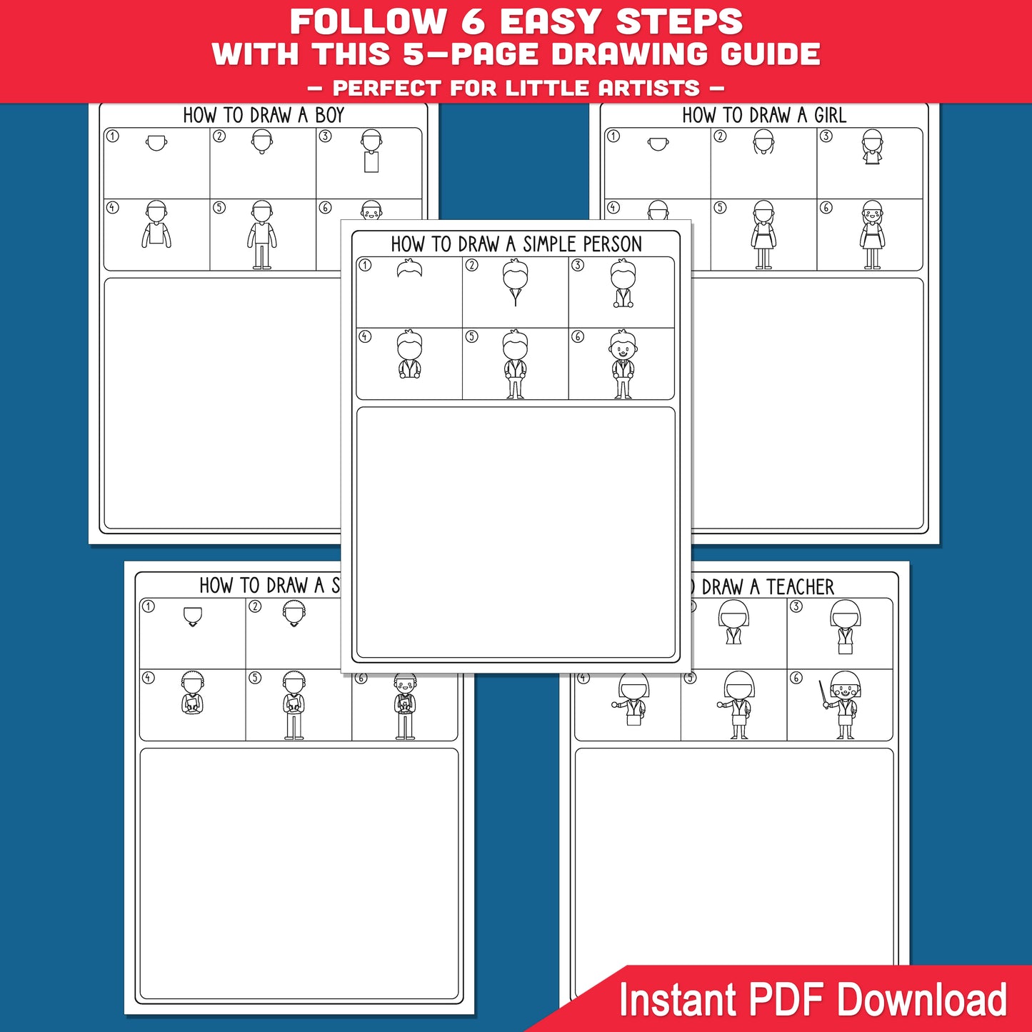 How to Draw People for Kids Step-by-Step Drawing Guide, Learn to Draw a Person, Directed Drawing Activity, 6 Easy Steps 5 Pages + Coloring