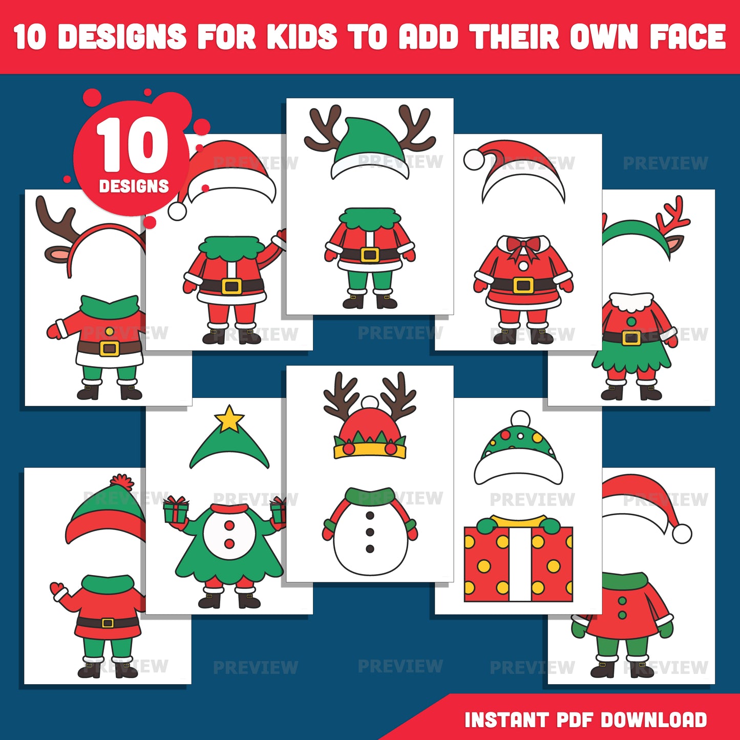 Christmas Costume Add-Your-Face Templates – Winter Body Templates, 10 Designs, Coloring Version Included, High-resolution PDF + PNG Files for Classroom Displays, Home Activities, and Parties