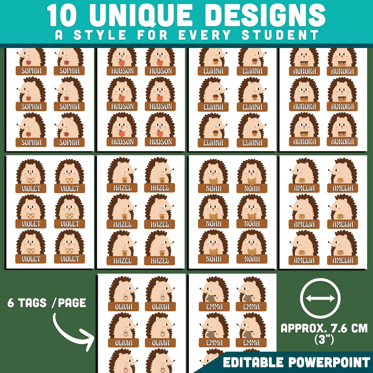 Cozy Hedgehog Name Tags, Editable Locker & Cubby Labels, Snug Nature Classroom Theme, PowerPoint Template, 10 Designs, Student Spaces, US Letter, A4