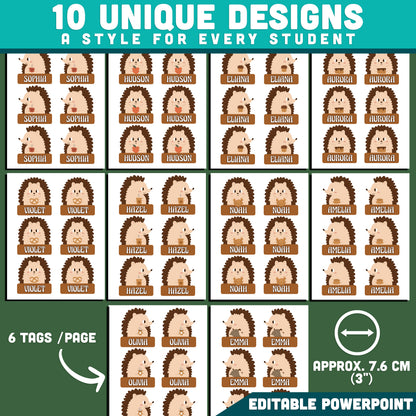 Cozy Hedgehog Name Tags, Editable Locker & Cubby Labels, Snug Nature Classroom Theme, PowerPoint Template, 10 Designs, Student Spaces, US Letter, A4