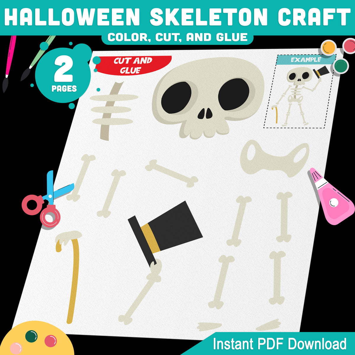 Halloween Skeleton Craft, Build a Skeleton, Spooky Cut and Glue Activity, Pre-Colored & Black and White, US Letter & A4