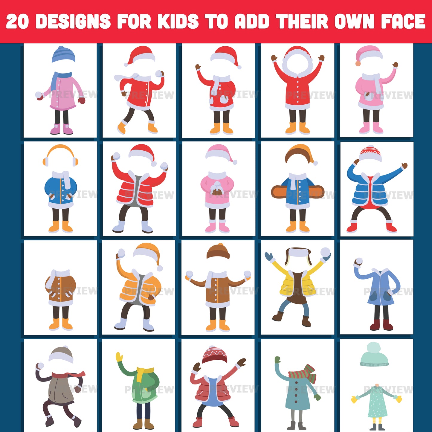 Winter Add Your Face Crafts – Winter Kids Body Templates, 20 Fun Winter Cut-and-Paste Designs, High-resolution PDF + PNG for Classroom, Home, and Group Activities