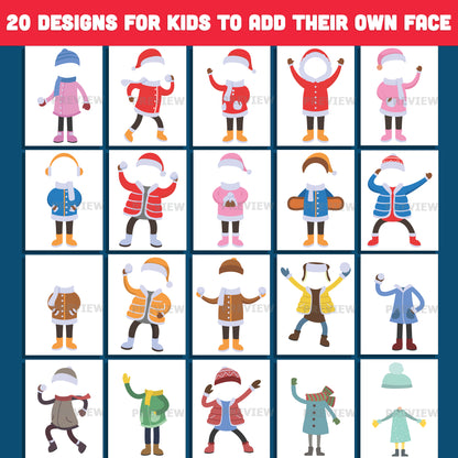 Winter Add Your Face Crafts – Winter Kids Body Templates, 20 Fun Winter Cut-and-Paste Designs, High-resolution PDF + PNG for Classroom, Home, and Group Activities