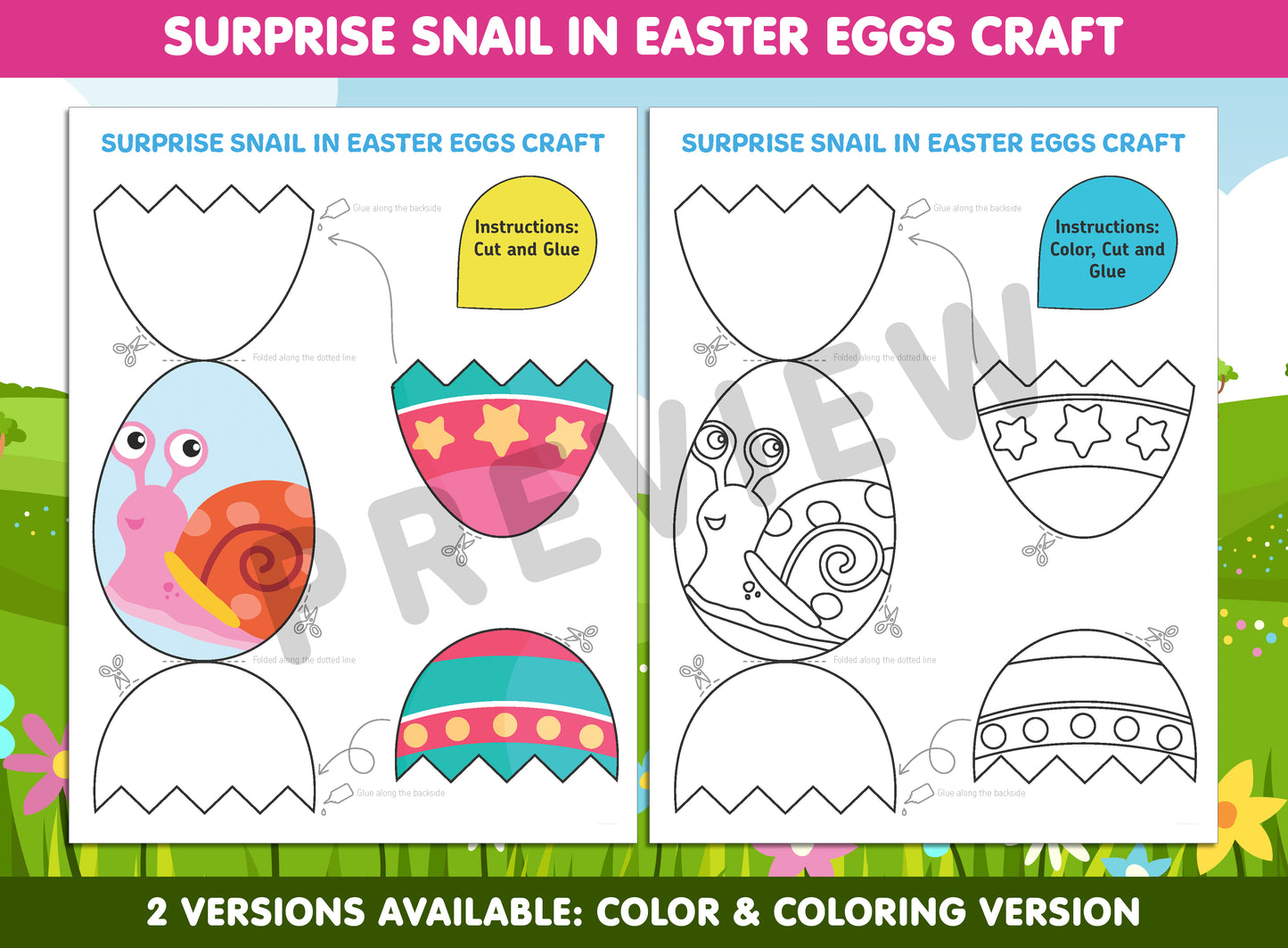 Surprise Snail in Easter Eggs Craft, Spring Fun Activity, Color, Cut & Glue, Available in Color and Coloring Versions, Instant PDF Download