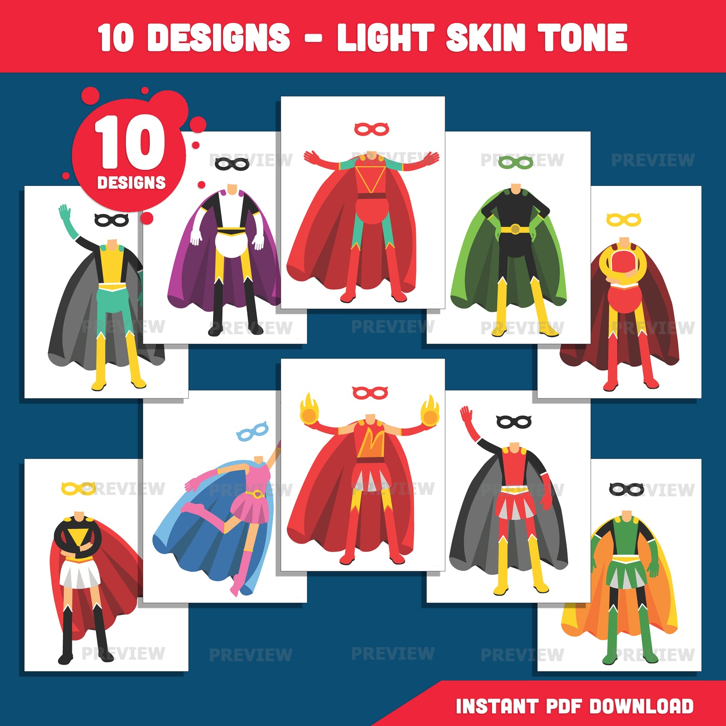 Male & Female Superhero Templates – Design Your Own Hero, Add Your Face Craft, 10 Unique Designs Light + Dark Skin Tone, Coloring Version Included, PDF + PNG