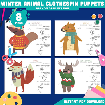 Printable Winter Animal Clothespin Puppets – Winter Classroom Craft for Preschool & Kindergarten, Early Finisher Coloring Activity, 5 Designs, PDF Instant Download