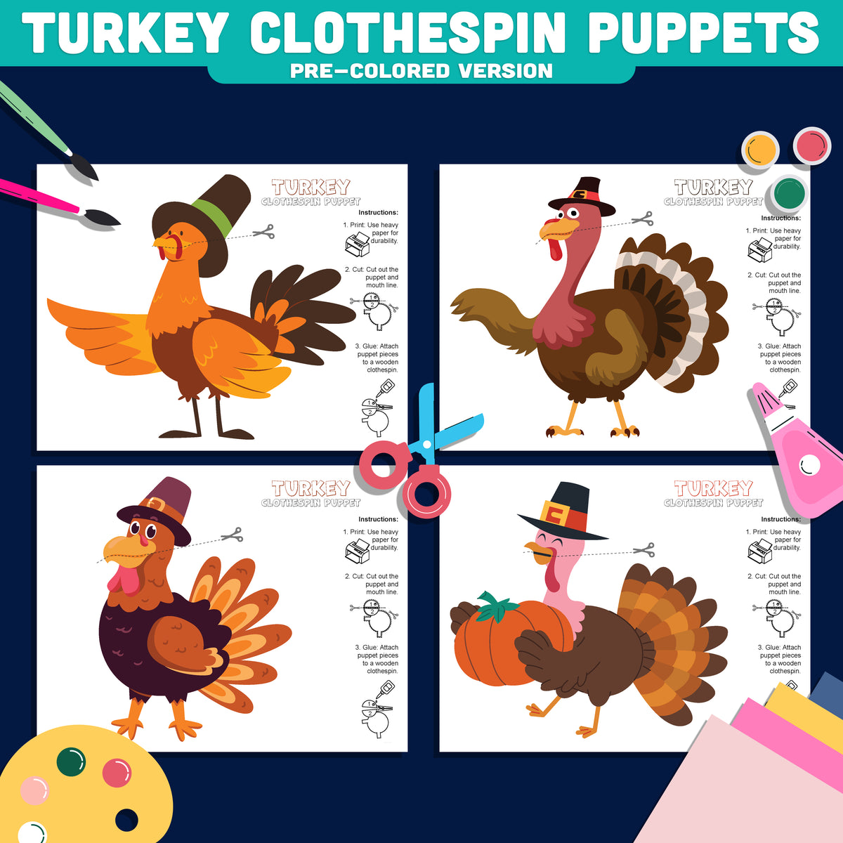 Thanksgiving Turkey Puppet Craft, Printable Clothespin Activity