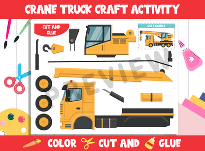 Construction Vehicle Craft Activity - Crane Truck : Color, Cut, and Glue for PreK to 2nd Grade, PDF File, Instant Download