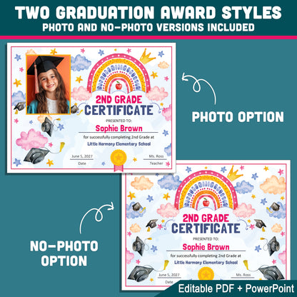 2nd Grade Completion Certificate, Second Grade Rainbow Star Theme, Editable End of Year Awards, Photo and No Photo, PDF and PowerPoint