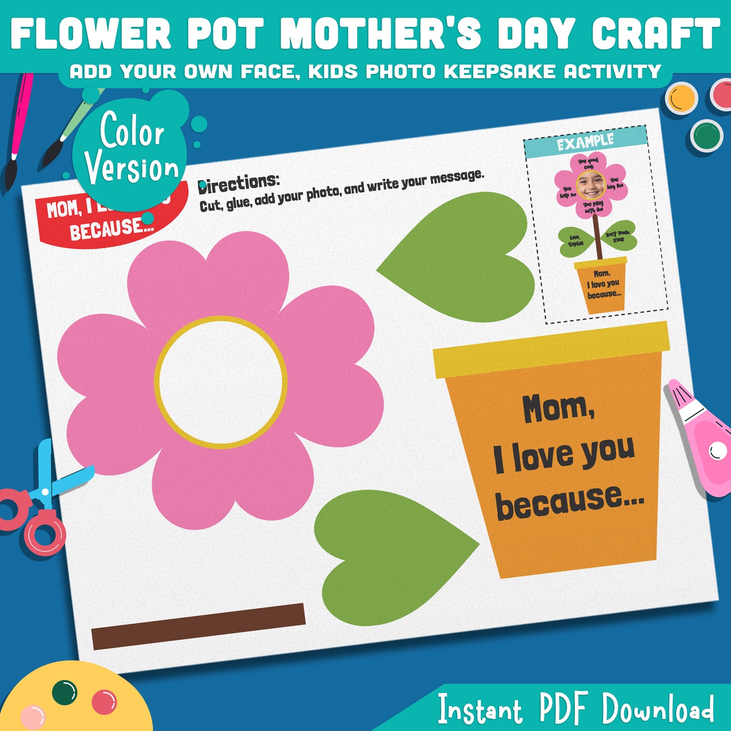 Flower Pot Mother's Day Craft, Student Picture Craft Activity, Printable Coloring Cutting Project, Gift for Mom Grandma or Family, Black White Color Pages