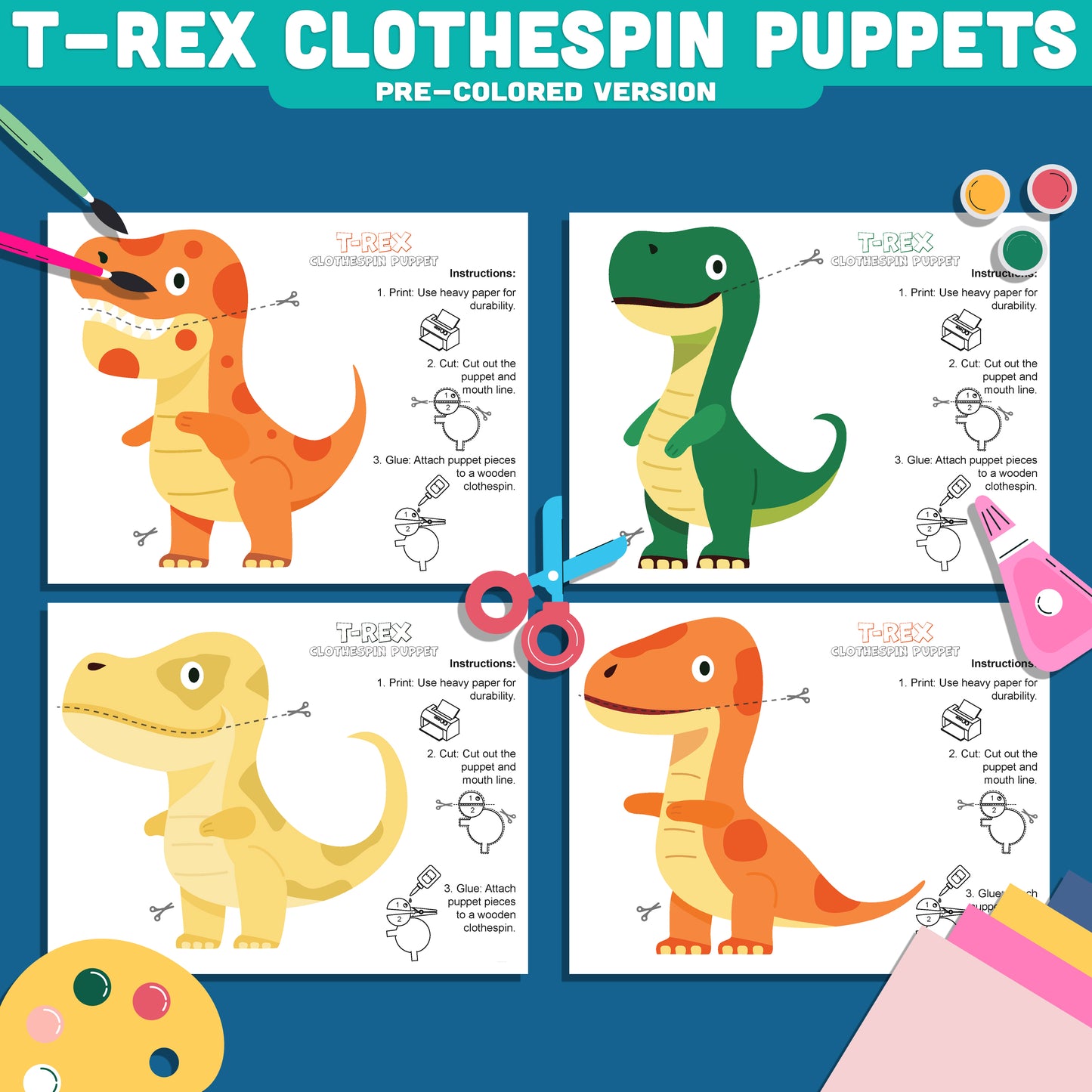 T-Rex Clothespin Puppets, Dinosaur Mouth Puppet Craft, Tyrannosaurus Rex Printable Activity, Color Cut and Create PDF