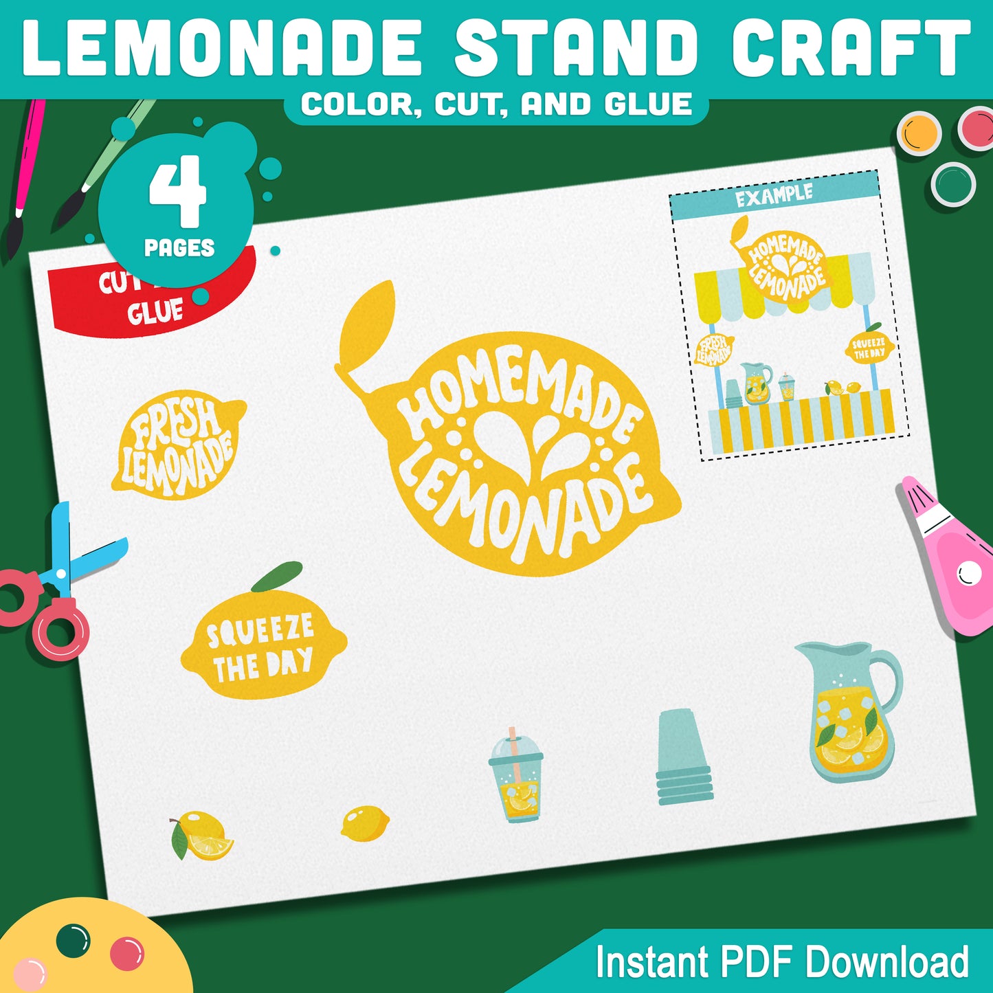 Lemonade Stand Craft, Summer Activity, Cut and Paste Printable, Seasonal Kids Project, Coloring Build Activity, Letter & A4 PDF
