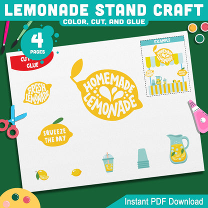 Lemonade Stand Craft, Summer Activity, Cut and Paste Printable, Seasonal Kids Project, Coloring Build Activity, Letter & A4 PDF