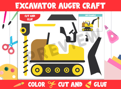 Excavator Auger Craft Activity - Color, Cut, and Glue for PreK to 2nd Grade, PDF File, Instant Download