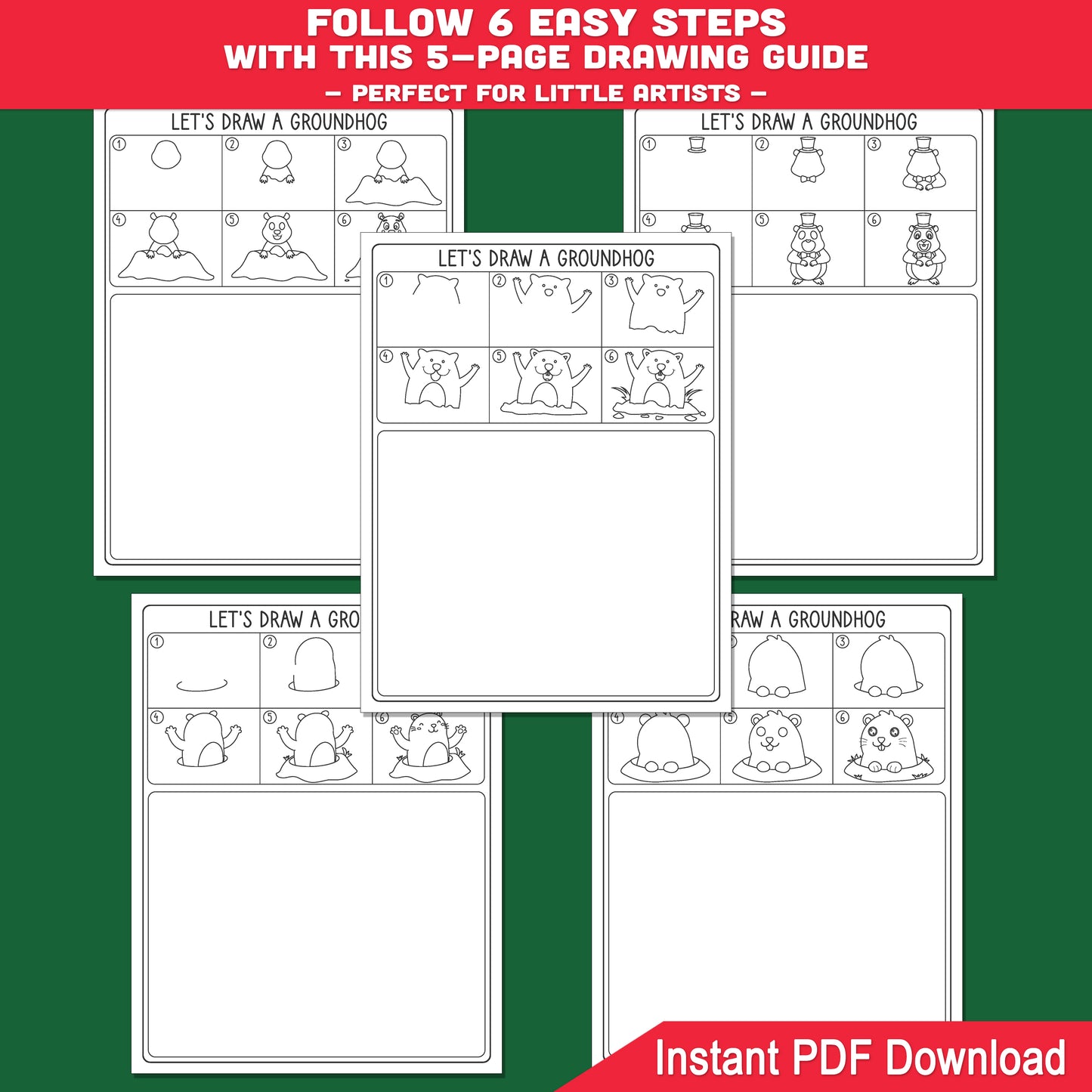 How to Draw a Groundhog – Step-by-Step Drawing for Kids, Simple Guided Drawing Tutorial, 5-Page PDF with Coloring Pages