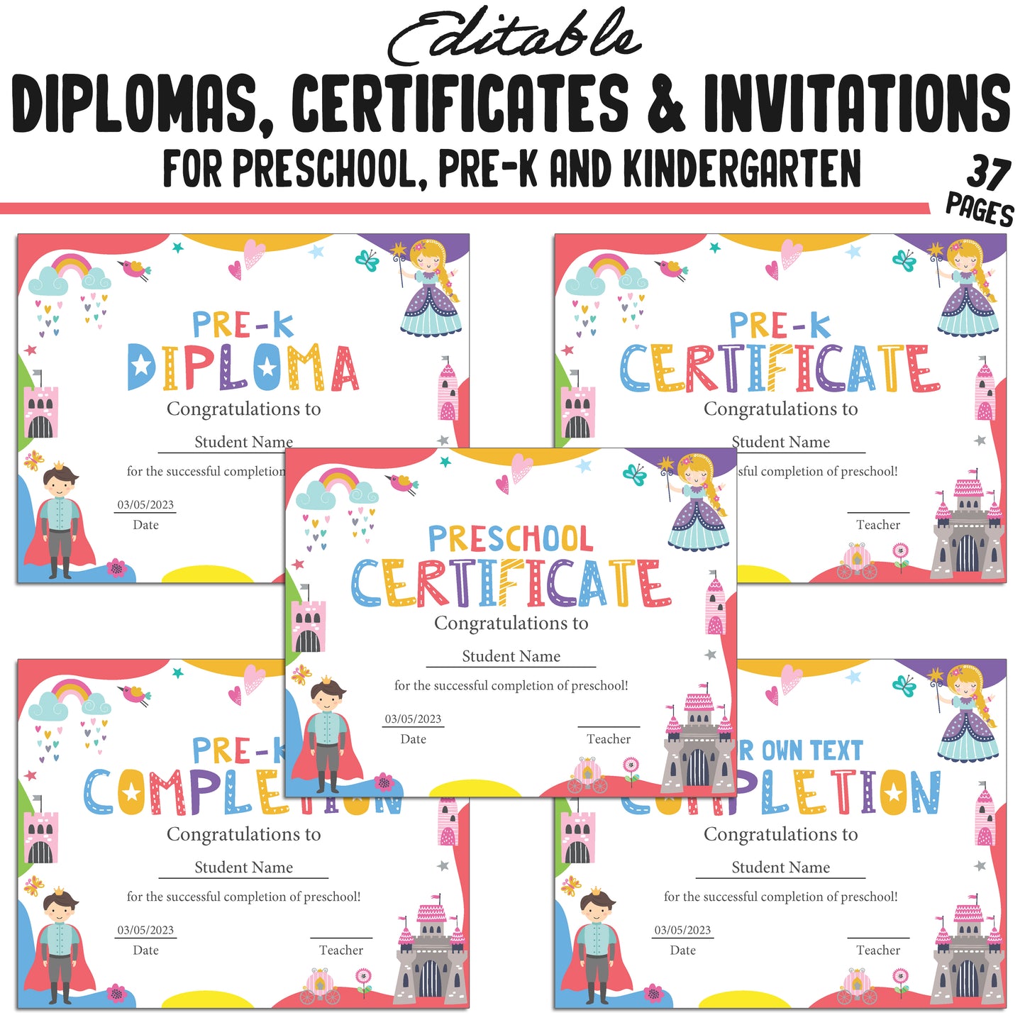 Editable Kindergarten, Pre-K, and Preschool Graduation Invitations, Diplomas, and Certificate Templates – Instant PDF Download!