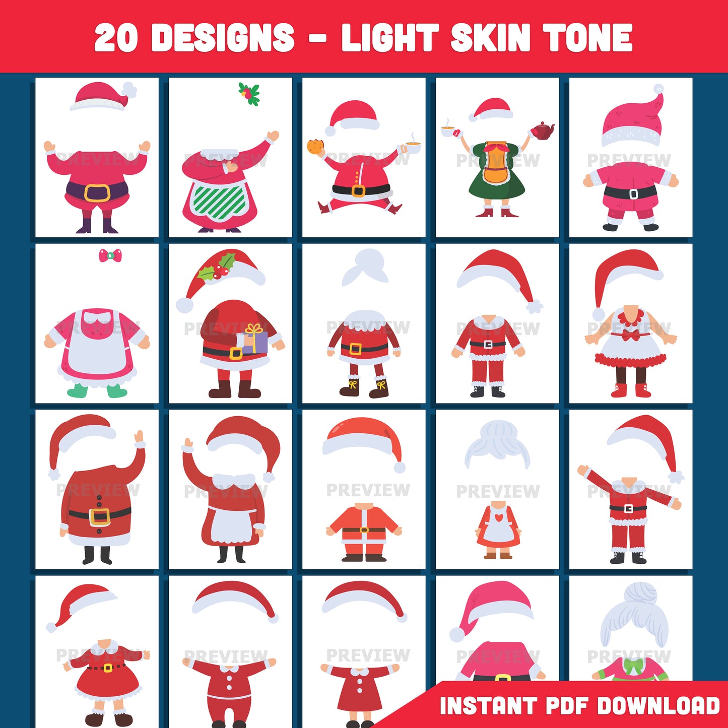Printable Santa Claus & Mrs. Claus Body Templates, Add Your Face Winter Craft, 20 Designs Light + 20 Designs Dark Skin Tone, Christmas Classroom or Home Activity, PDF+PNG