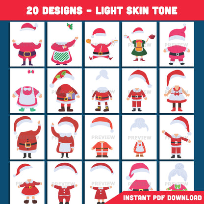 Printable Santa Claus & Mrs. Claus Body Templates, Add Your Face Winter Craft, 20 Designs Light + 20 Designs Dark Skin Tone, Christmas Classroom or Home Activity, PDF+PNG