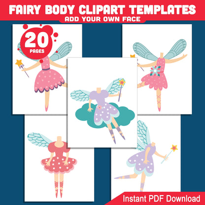 Fairy Body Clipart Templates: Personalize with Your Face, 20 Printable Fairy-Themed Cutouts for Kids' DIY Art, Creative Play, Magical Craft Fun, PDF Download.