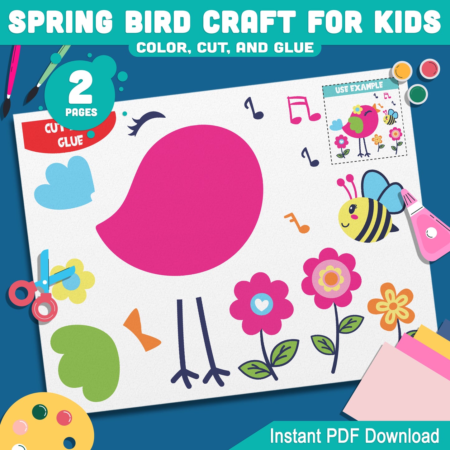 Spring Bird Craft for Kids: DIY Color, Cut, and Glue Art Activity for Spring, Encouraging Creativity and Learning, Instant Download Available