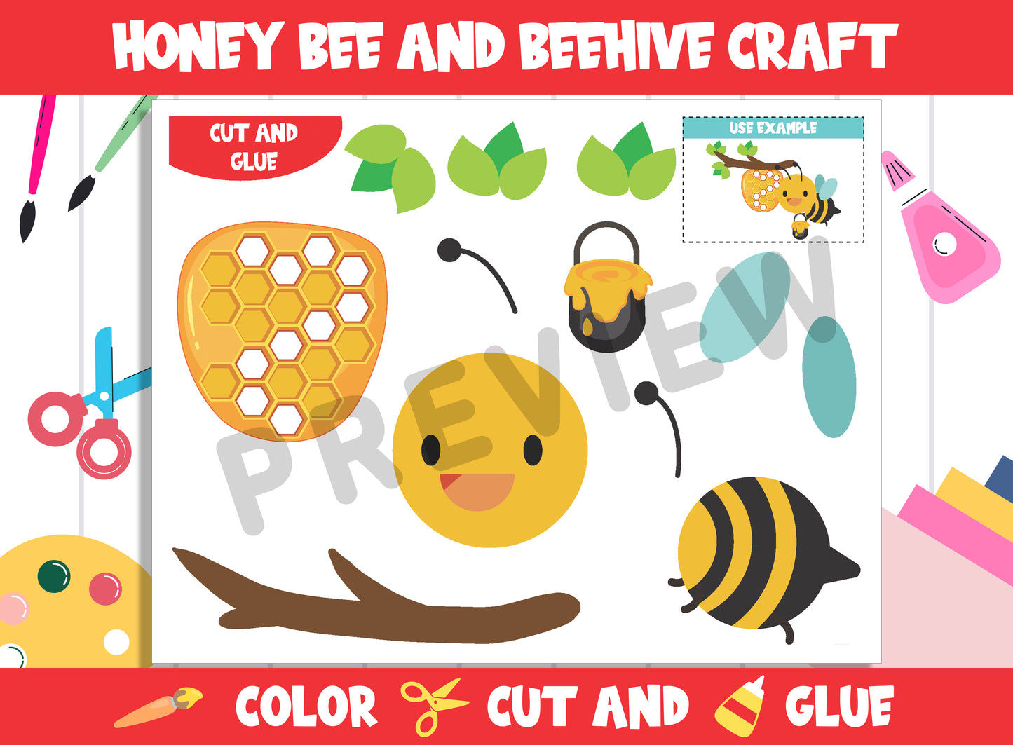 Honey Bee and Beehive, Spring Craft Activity : Color, Cut, and Glue for PreK to 2nd Grade, PDF File, Instant Download