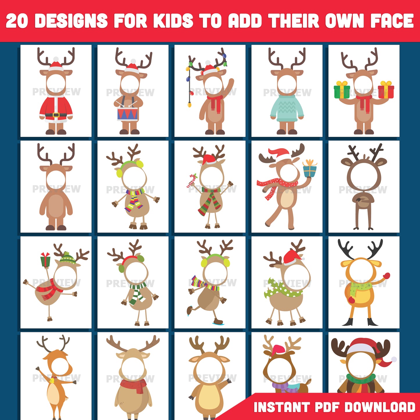 Printable Reindeer Body Templates for Kids, 20 High-Resolution Christmas Craft Designs, PDF + PNG Files, Fun Holiday Classroom & Home Activity