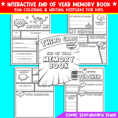 Printable End of the Year Memory Book for Third Grade (3rd grade), Fun Coloring & Writing Comic Keepsake, 24 Pages, PDF Download