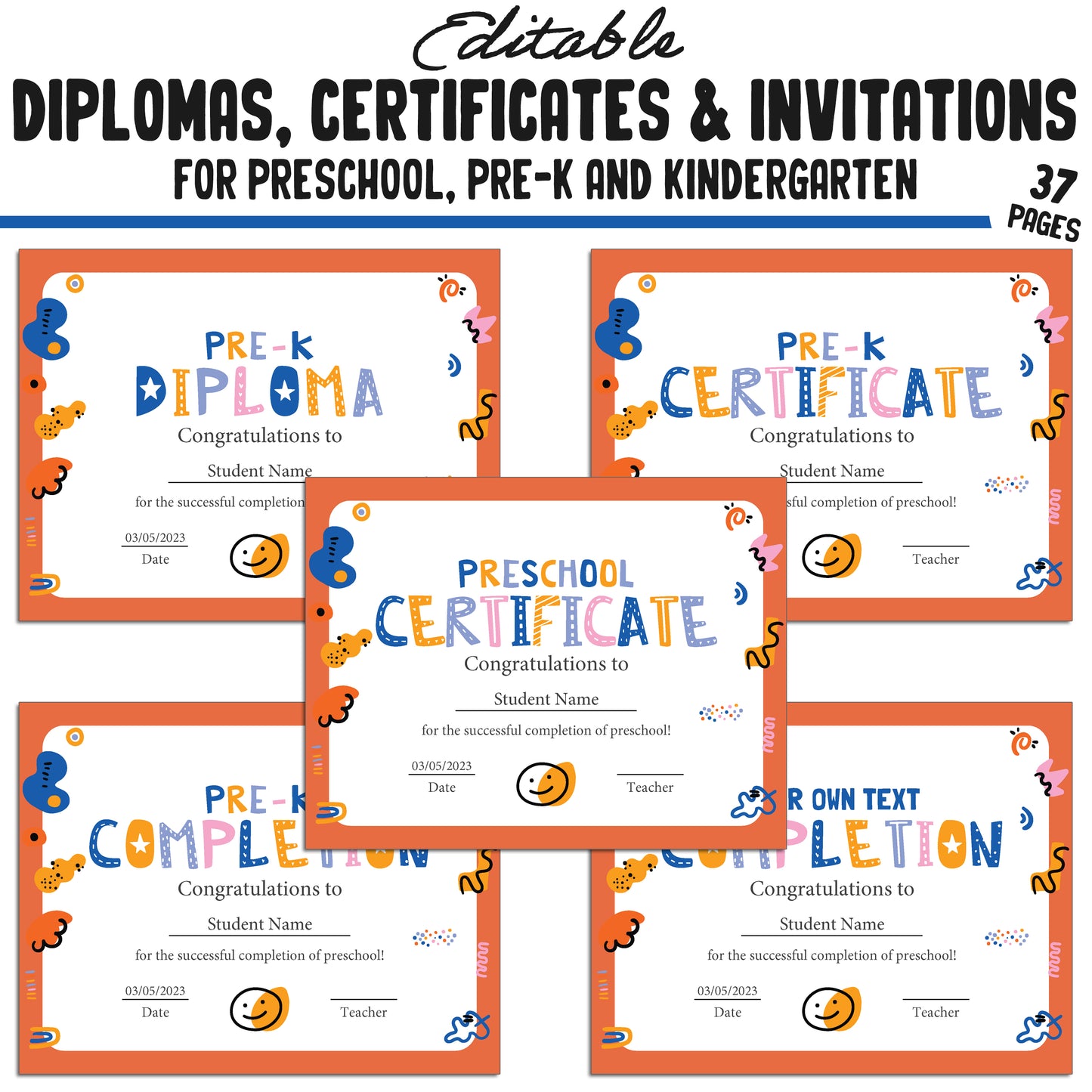 Boost Your Graduation Ceremony with 37 Editable Kindergarten, Pre-K, Preschool Certificates, Diplomas & Invitations, Instant PDF Download!