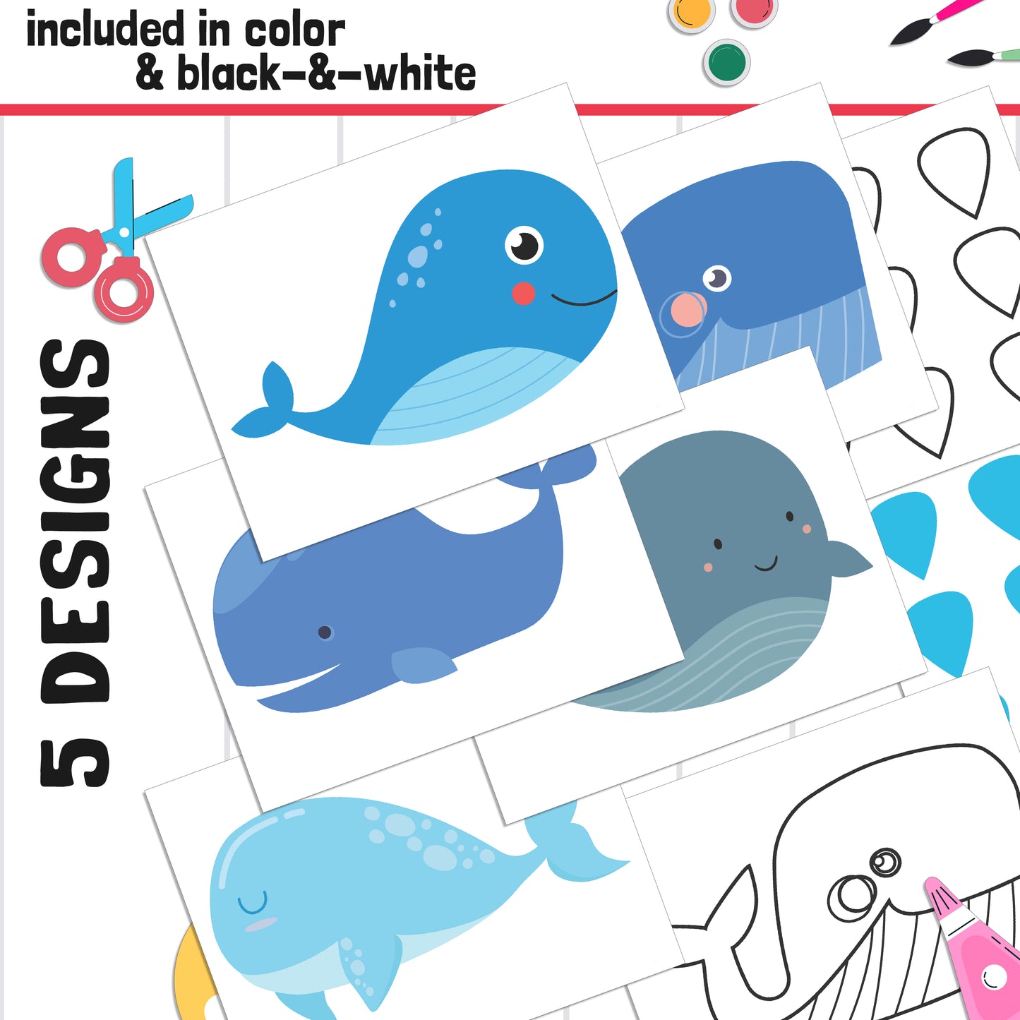 Whale Name Craft Activity: Back to School Bulletin Board, 40 Pages, 5 Designs, Blank & Editable, Color and Black-and-White Versions