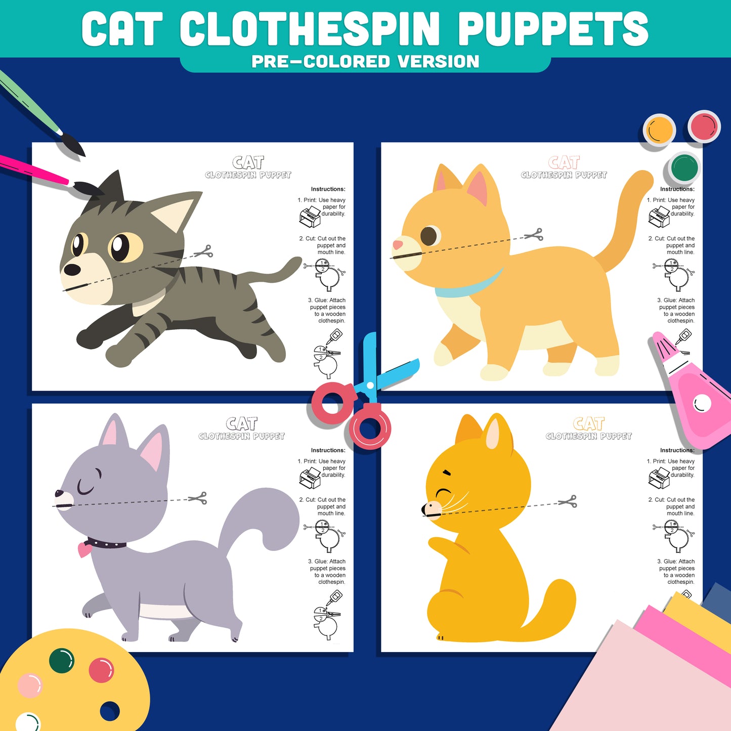 Cat Clothespin Puppets, Color Cut and Play Kitten Craft, Interactive Pet Activity, Printable PDF Download