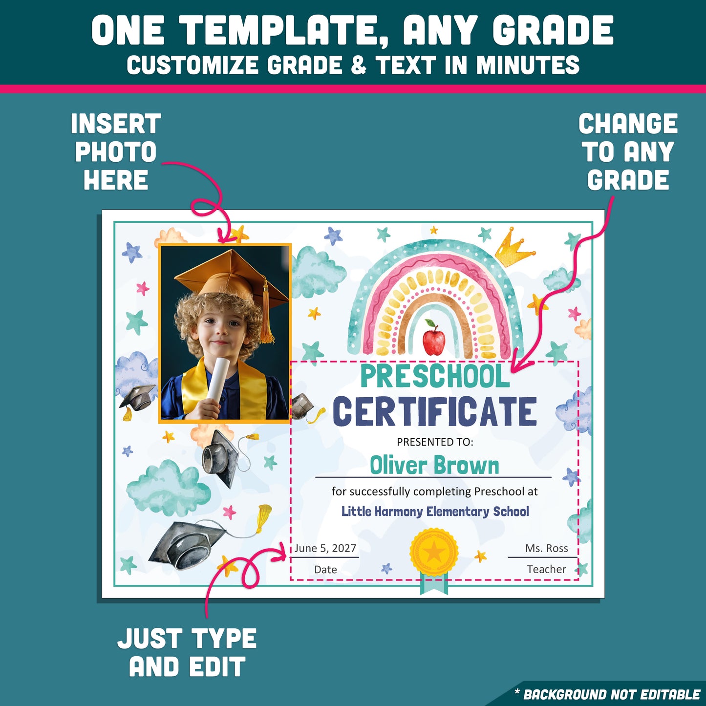 Preschool Appreciation Certificate, Personalized Diplomas and Certificates, Any Grade Awards, With and Without Photo, PDF PowerPoint