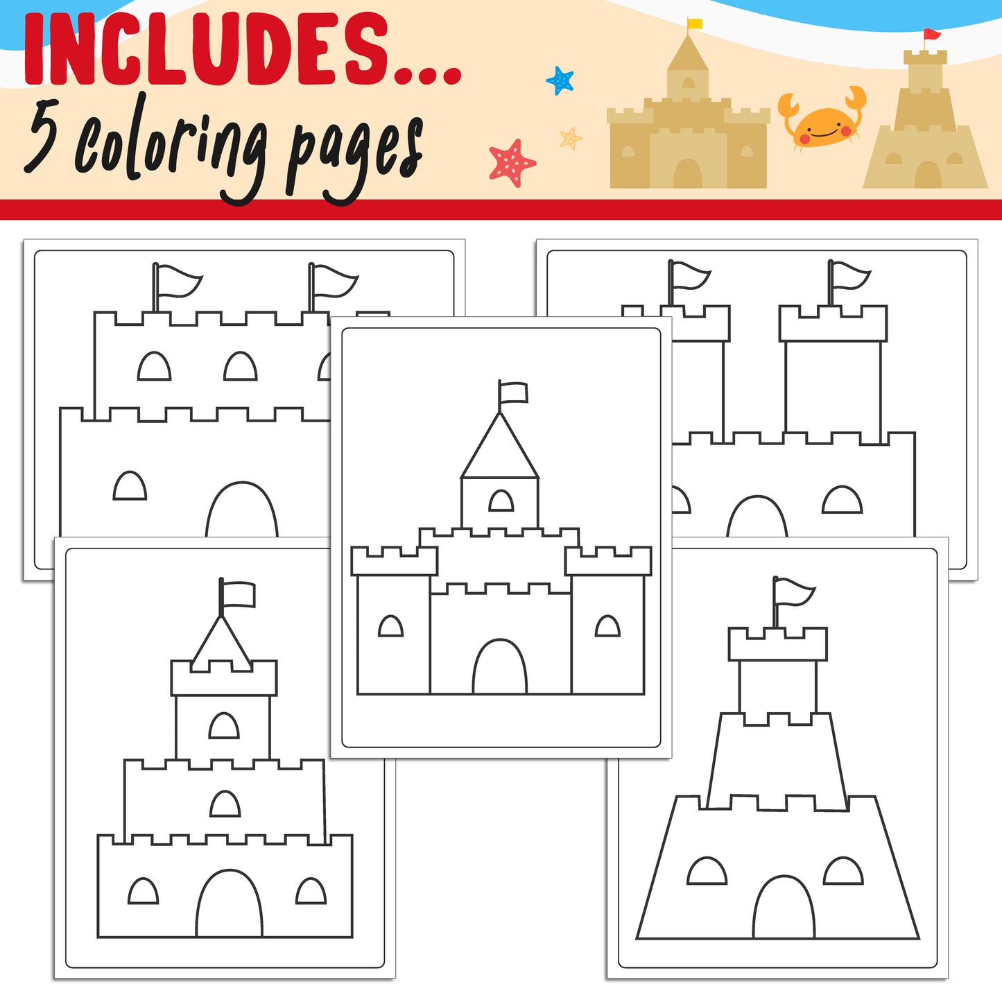 Learn How to Draw a Sand Castle: Directed Drawing Step by Step Tutorial, Includes 5 Coloring Pages, PDF File, Instant Download.