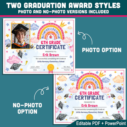 6th Grade Completion Certificate, Sixth Grade Graduation Moving Up Awards, Editable Rainbow Star Theme, Photo and No Photo, PDF and PowerPoint