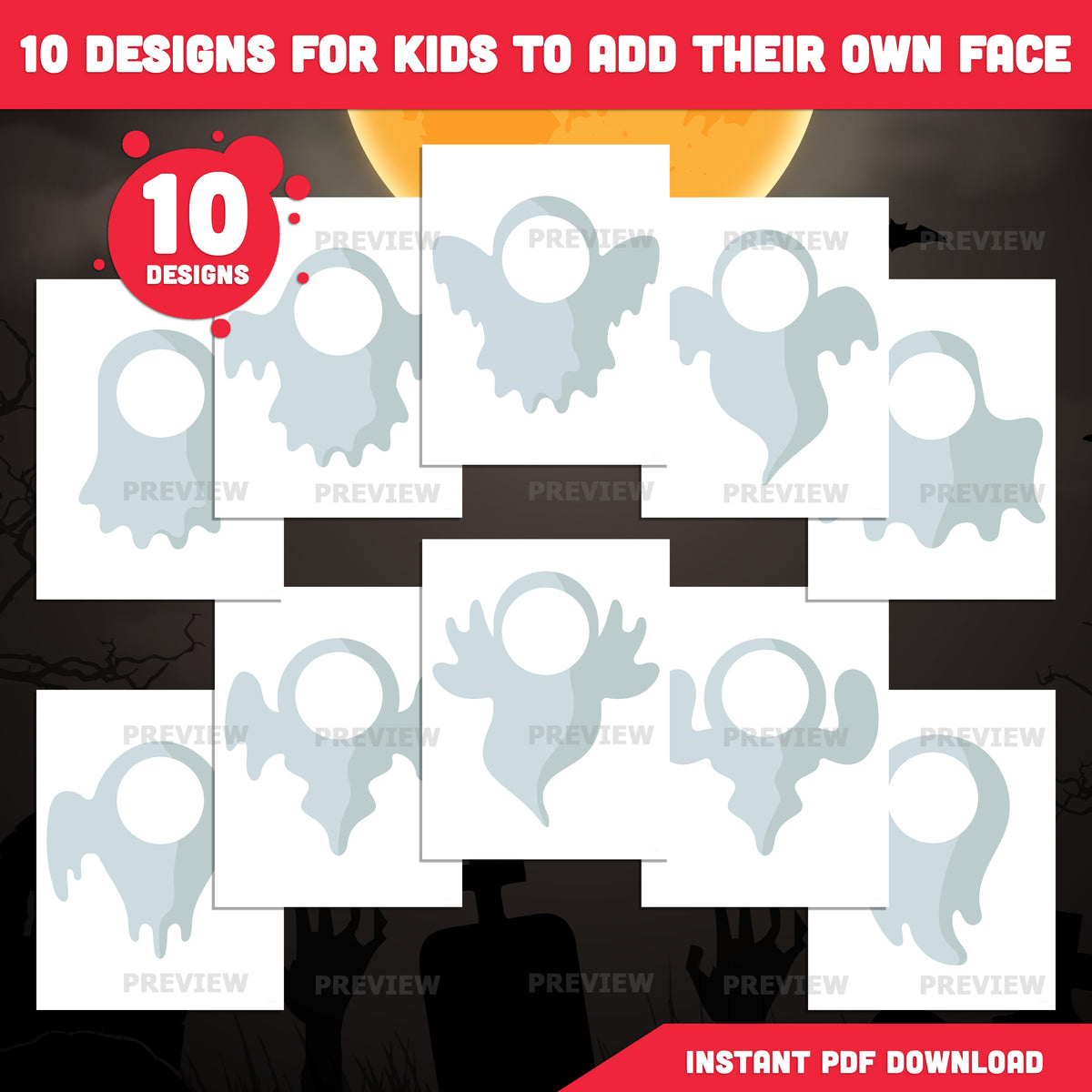 Halloween Ghost Body Templates, Photo Craft for Kids, Add Your Own Face, Halloween Activity, 10 Unique Designs, PDF + PNG Files, Coloring Version Included, 300 DPI