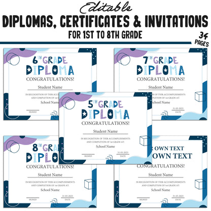 Printable 3rd Grade Diplomas, Editable Certificates for 1st-8th Grades & Invitation Templates in a Modern Design, 34 Pages, Instant Download