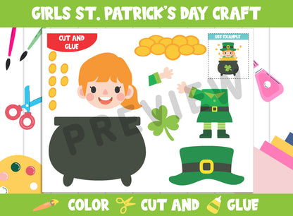 Girls St. Patrick's Day Craft Activity : Color, Cut, and Glue for PreK to 2nd Grade, PDF File, Instant Download