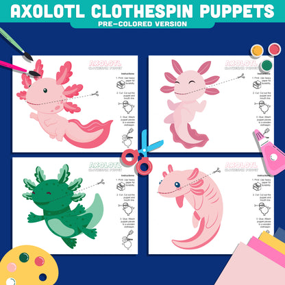 Axolotl Clothespin Puppets, Color Cut and Create Animal Craft, Printable Puppet Activity, Instant PDF Download