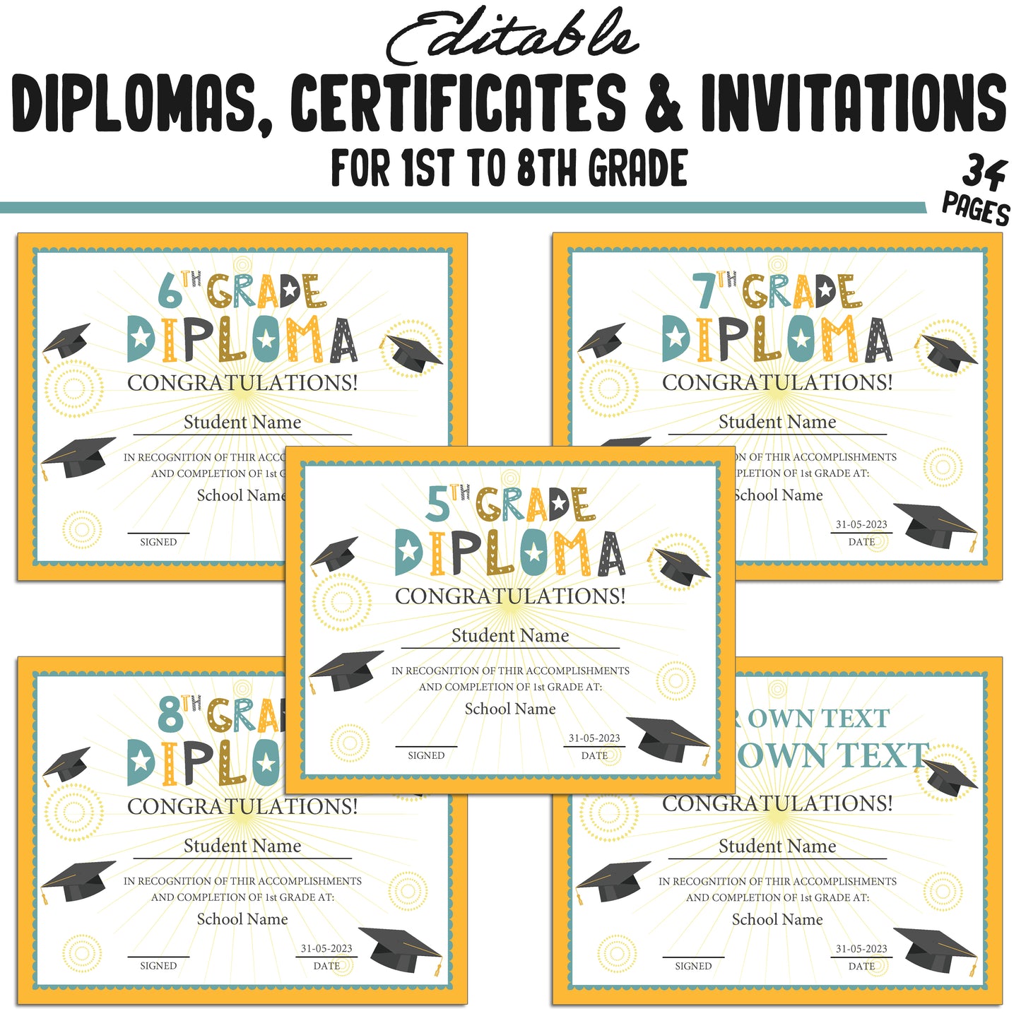 34 Editable First Grade Diplomas, 1st-8th Grade Certificates, Diplomas & Invitation Templates, Golden and Green-Themed, PDF