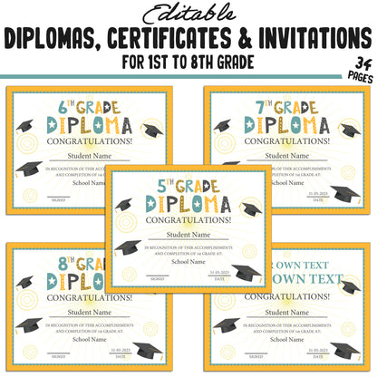 34 Editable First Grade Diplomas, 1st-8th Grade Certificates, Diplomas & Invitation Templates, Golden and Green-Themed, PDF