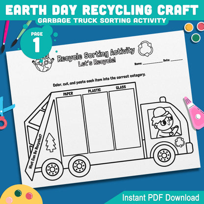 Earth Day Recycling Craft, Garbage Truck Sorting Activity, Recycle Sorting Worksheet, Cut and Paste Activity for Kids, Classroom Printable PDF