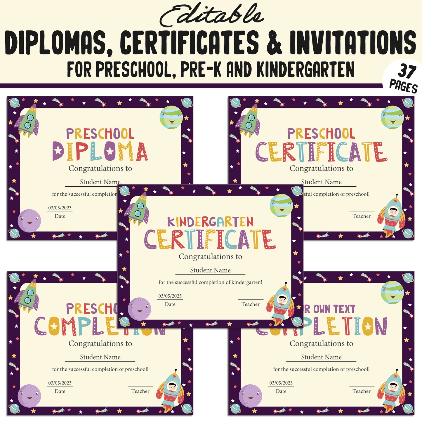 37 Editable Pre K Graduation Diploma, Preschool, Kindergarten Certificates, and Invitations – Instant PDF Download!