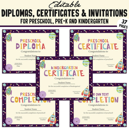 37 Editable Pre K Graduation Diploma, Preschool, Kindergarten Certificates, and Invitations – Instant PDF Download!