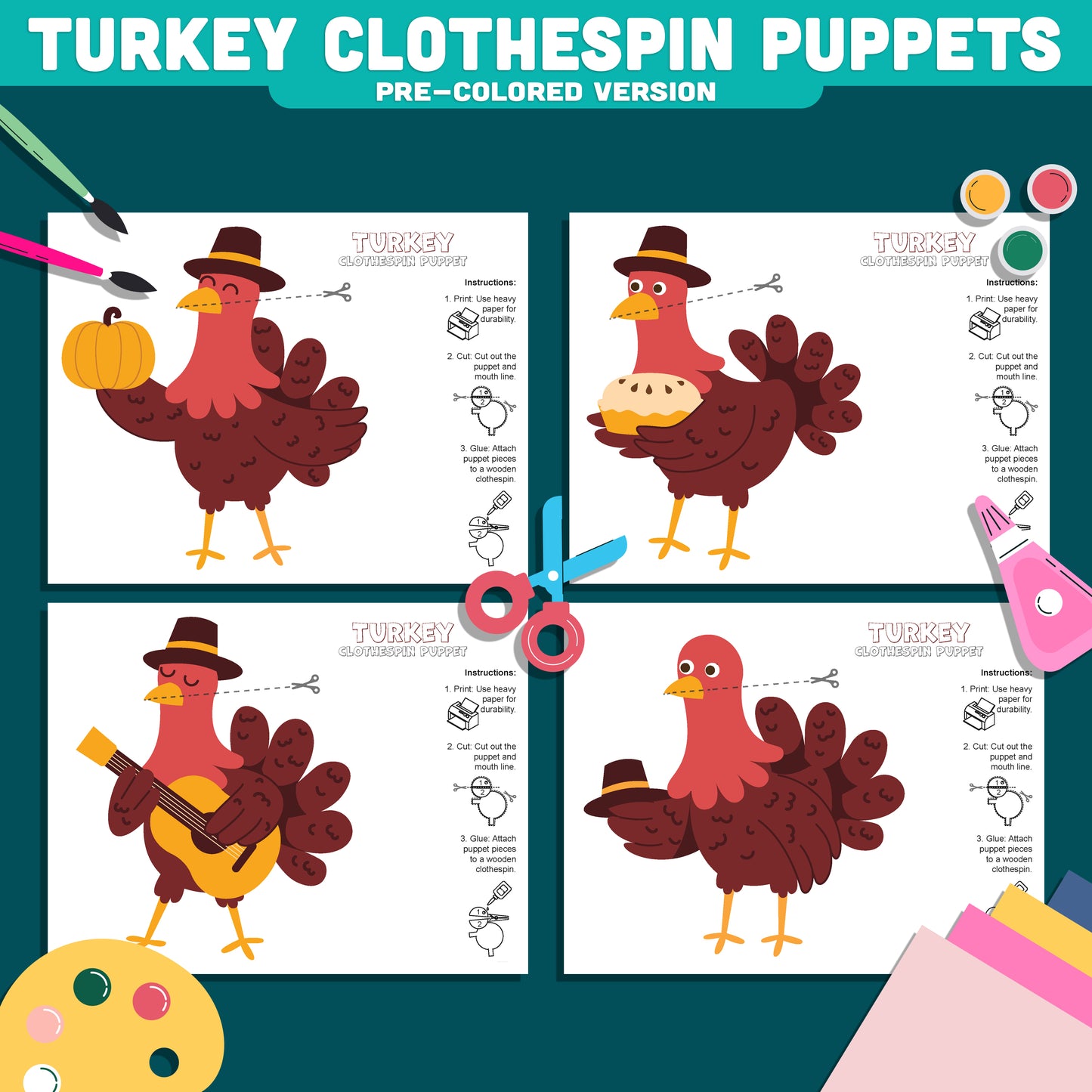 Turkey Clothespin Puppet Craft, Fall Turkey Craft, Thanksgiving Printable Fine Motor Activity, Instant PDF Download