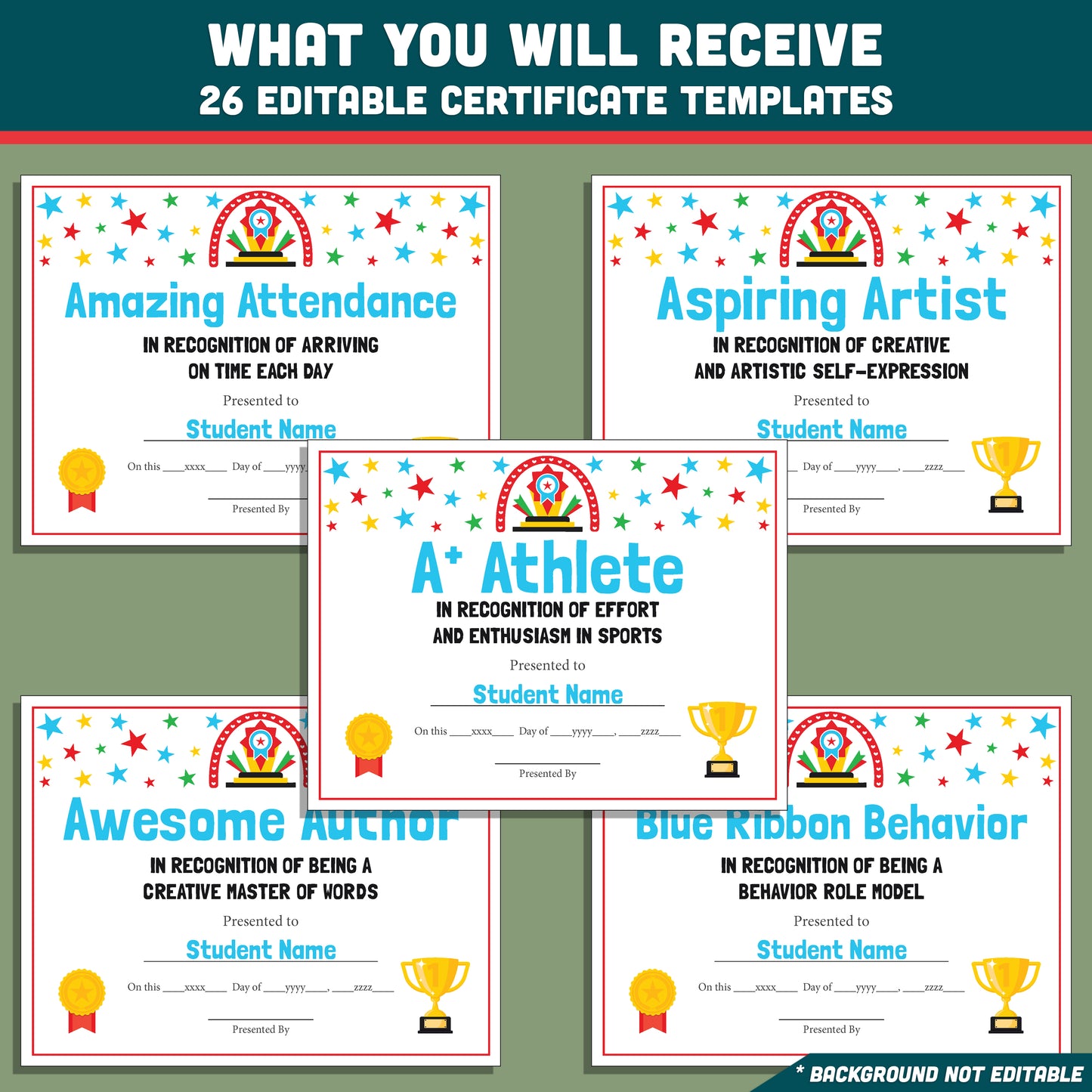 Classroom Superlatives End of Year, Printable Certificates Bundle, 26 Editable Designs, Student Recognition Pack, Lighthearted Classroom Awards