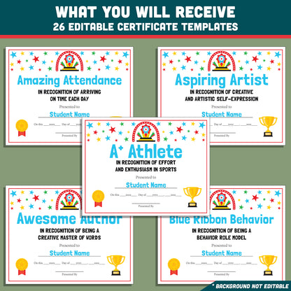 Classroom Superlatives End of Year, Printable Certificates Bundle, 26 Editable Designs, Student Recognition Pack, Lighthearted Classroom Awards