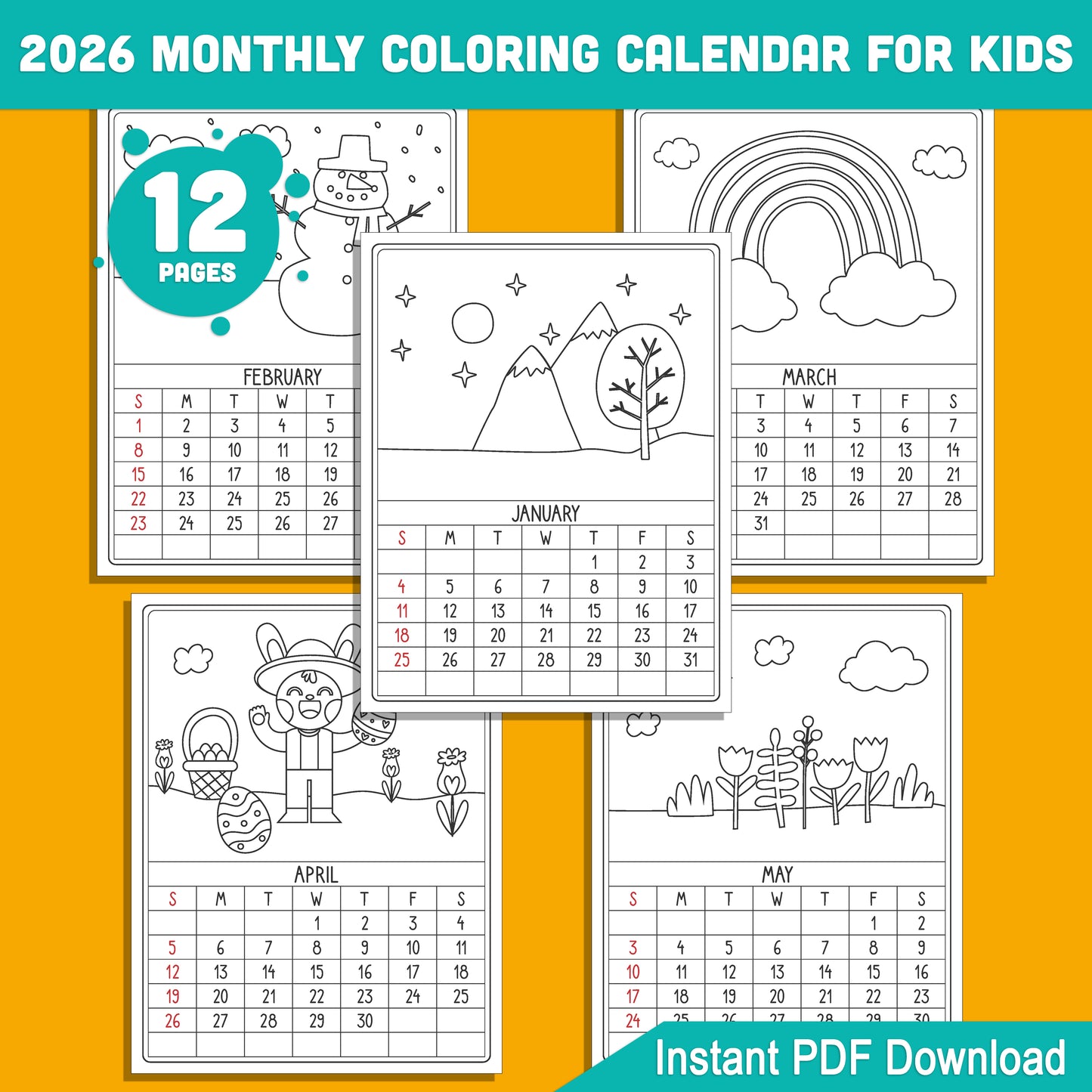 Interactive 2026 Calendar Coloring Activity: Learn and Color Each Month, Perfect for Kids’ Education and Fun, Instant PDF Download